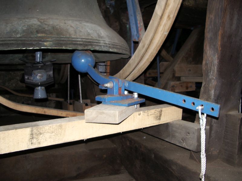Ellacombe chiming hammer set ready for use on bell no&period;6 at St John the Baptist&comma; Keynsham&period;