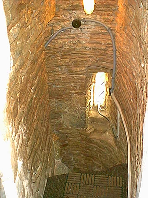 View down the tower steps at St James&comma; Mangotsfield following removal of the lime plaster from the stone walls&period;